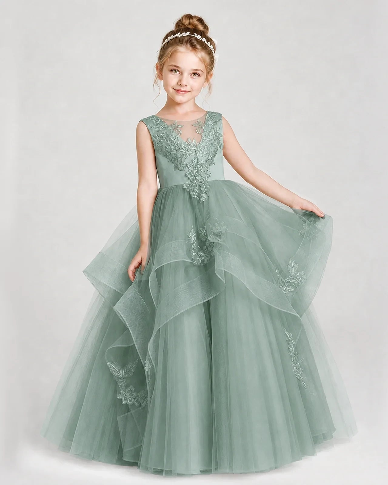 Dideyttawl Embroidered Tiered Tulle Girl Pageant Dress with Bow