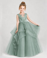 Eucalyptus Satin and Tulle A-Line Girls Pageant Dresses Front View