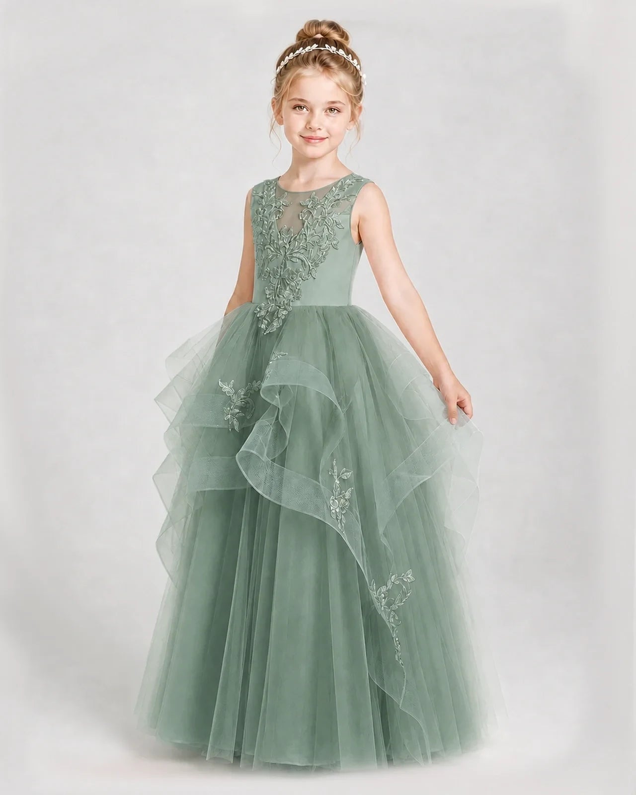 Dideyttawl Embroidered Tiered Tulle Girl Pageant Dress with Bow