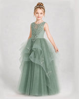 Eucalyptus Satin and Tulle Tiered Girls Pageant Dresses Side View