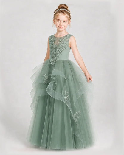Dideyttawl Embroidered Tiered Tulle Girl Pageant Dress with Bow