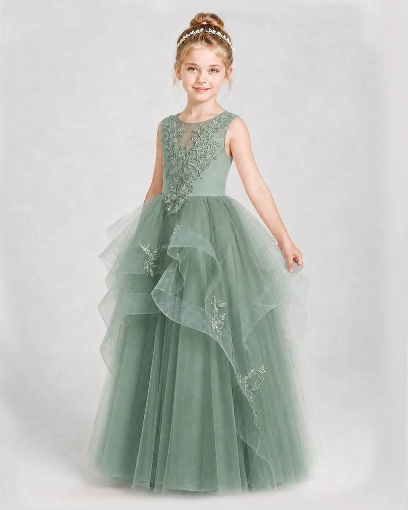 Eucalyptus Satin and Tulle Tiered Girls Pageant Dresses Side View