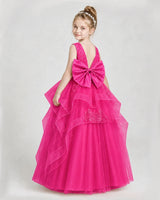 Hot Pink Satin and Tulle V-Neck Ball Gown Girls Pageant Dresses Back View
