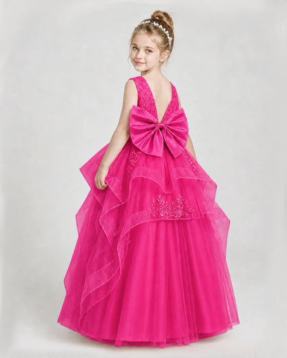 Dideyttawl Embroidered Tiered Tulle Girl Pageant Dress with Bow
