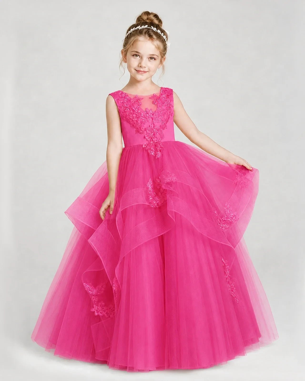 Dideyttawl Embroidered Tiered Tulle Girl Pageant Dress with Bow
