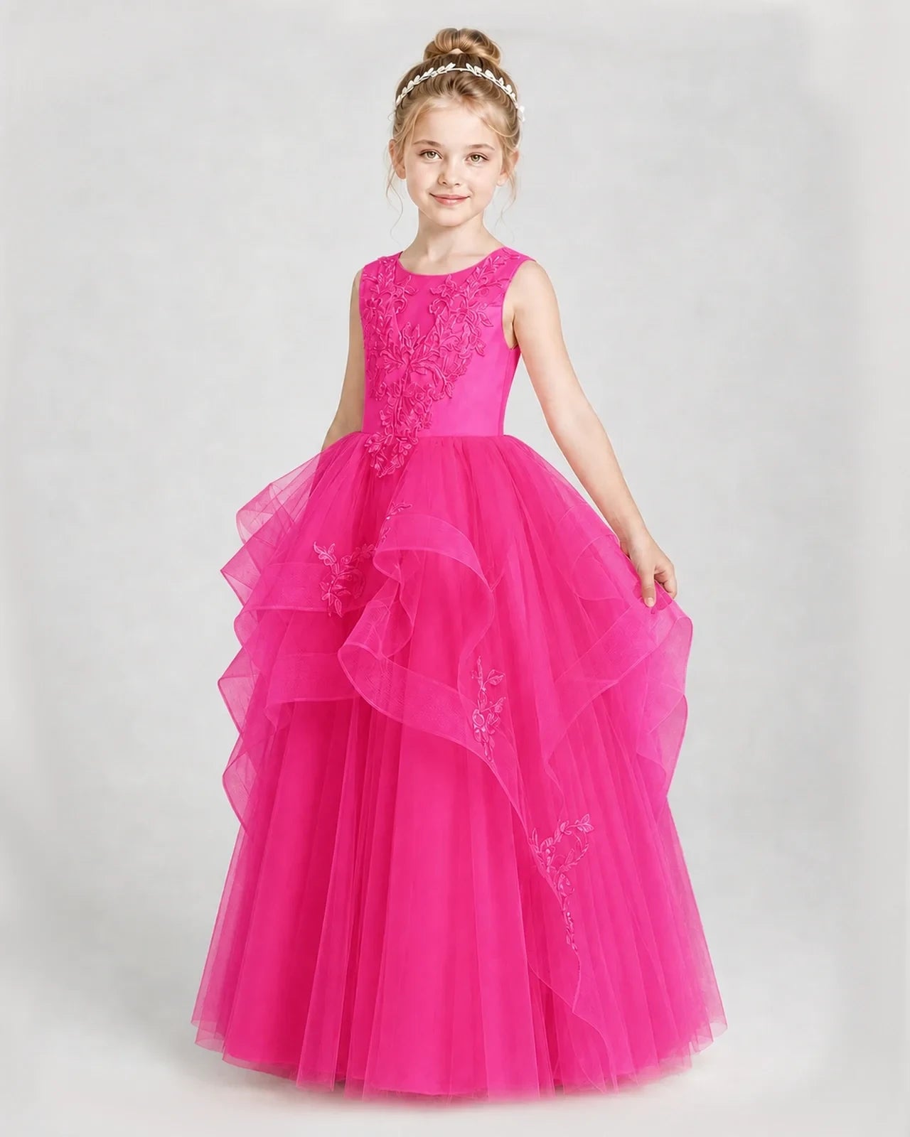Dideyttawl Embroidered Tiered Tulle Girl Pageant Dress with Bow