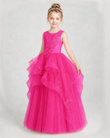 Hot Pink Satin Tulle Ruffled A-Line Girls Pageant Dresses Side View