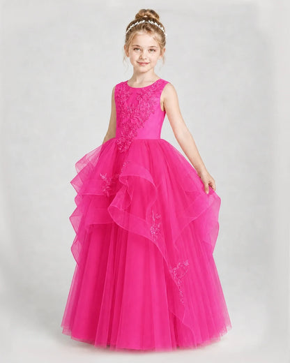Dideyttawl Embroidered Tiered Tulle Girl Pageant Dress with Bow