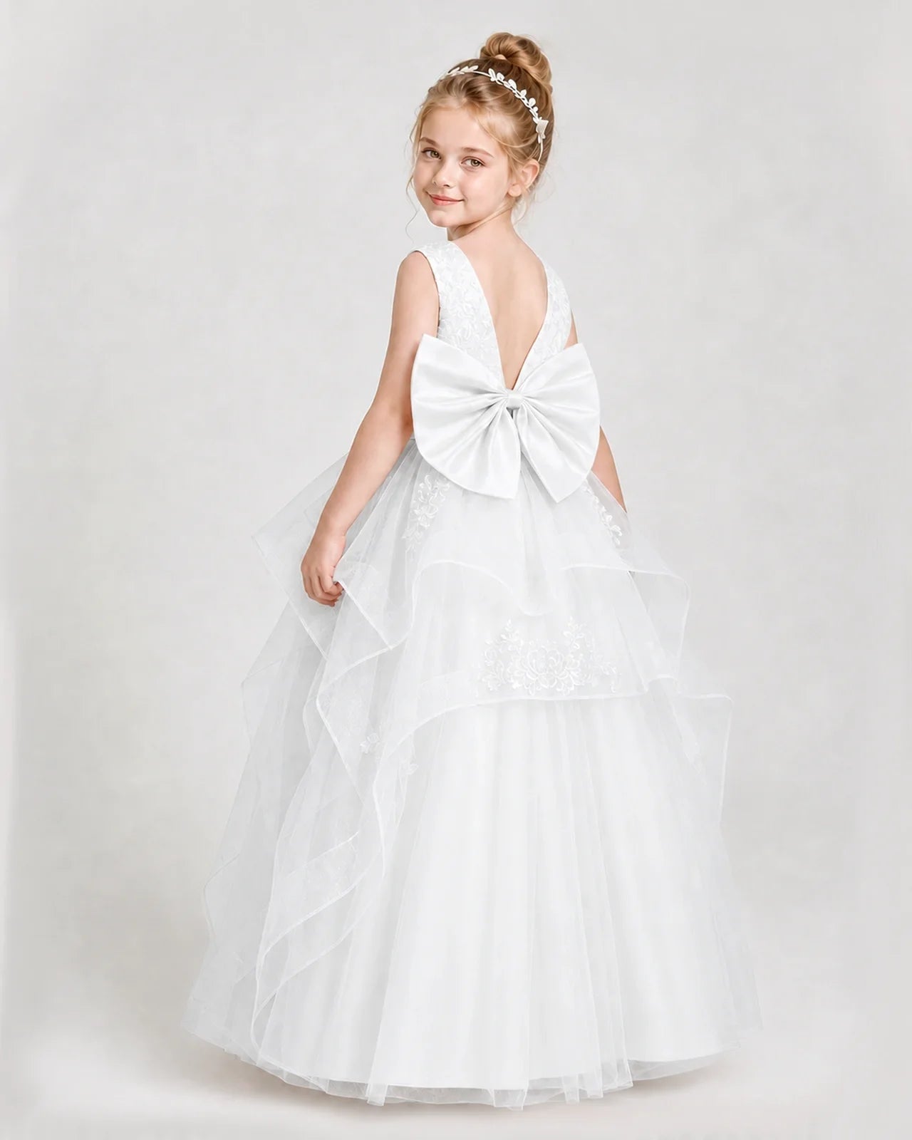 Dideyttawl Embroidered Tiered Tulle Girl Pageant Dress with Bow