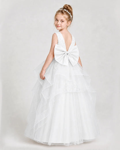 Dideyttawl Embroidered Tiered Tulle Girl Pageant Dress with Bow