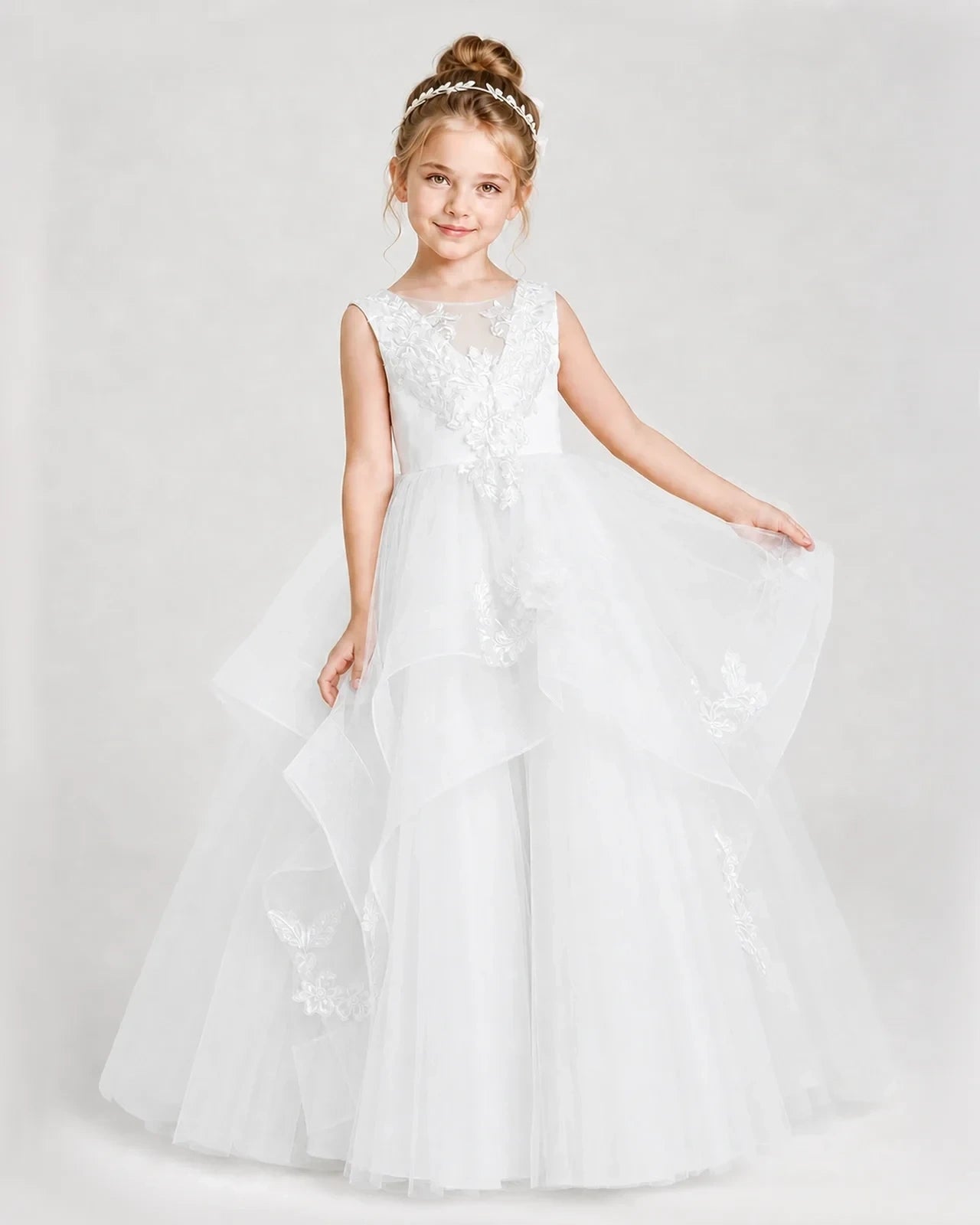 Dideyttawl Embroidered Tiered Tulle Girl Pageant Dress with Bow