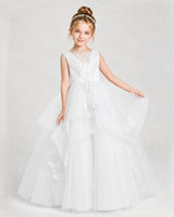Ivory Satin and Tulle Tiered Girls Pageant Dresses Front View