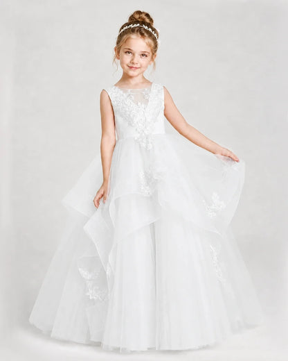 Dideyttawl Embroidered Tiered Tulle Girl Pageant Dress with Bow