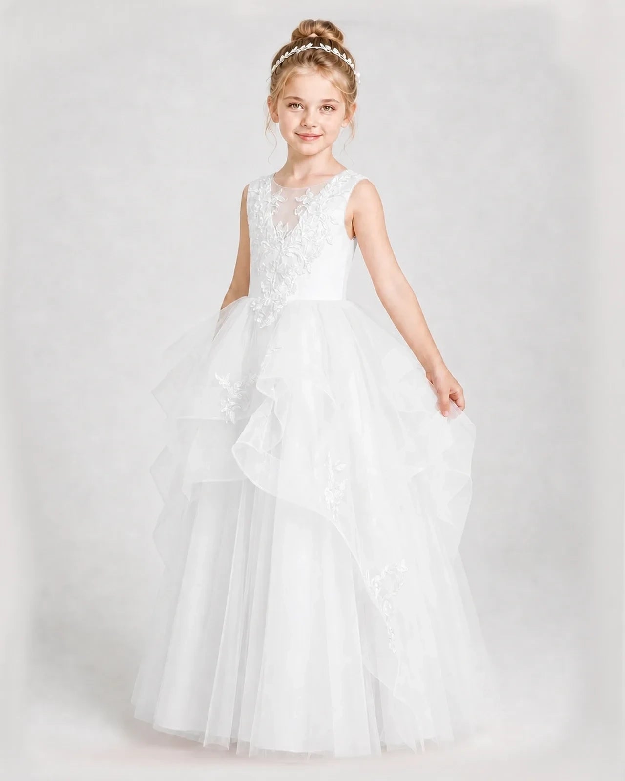 Dideyttawl Embroidered Tiered Tulle Girl Pageant Dress with Bow