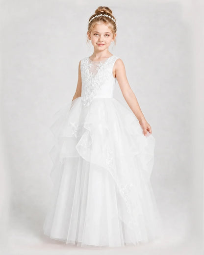 Dideyttawl Embroidered Tiered Tulle Girl Pageant Dress with Bow