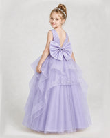 Lavender Satin Tulle V-Back A-Line Girls Pageant Dresses Back View