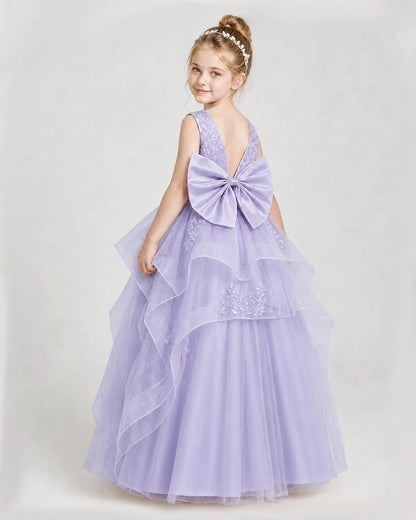Dideyttawl Embroidered Tiered Tulle Girl Pageant Dress with Bow
