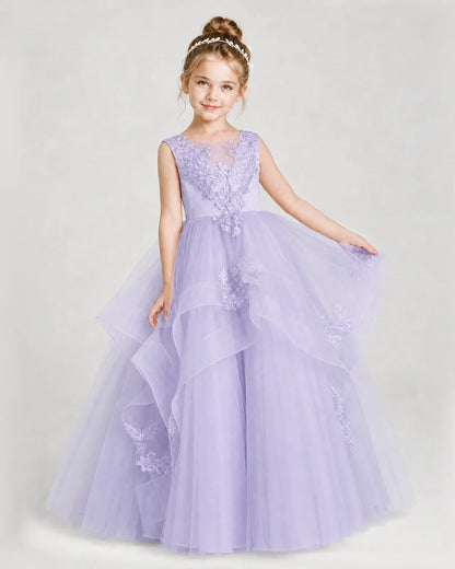 Dideyttawl Embroidered Tiered Tulle Girl Pageant Dress with Bow