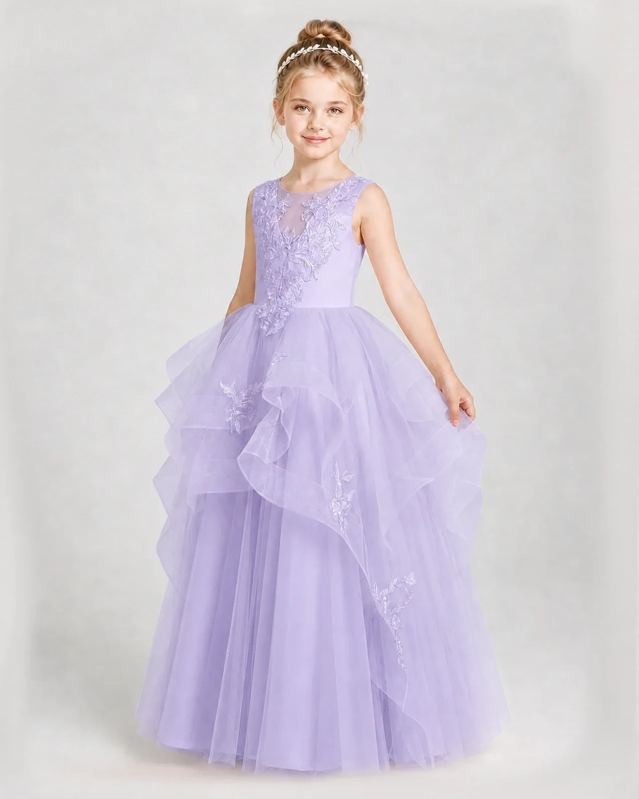 Dideyttawl Embroidered Tiered Tulle Girl Pageant Dress with Bow