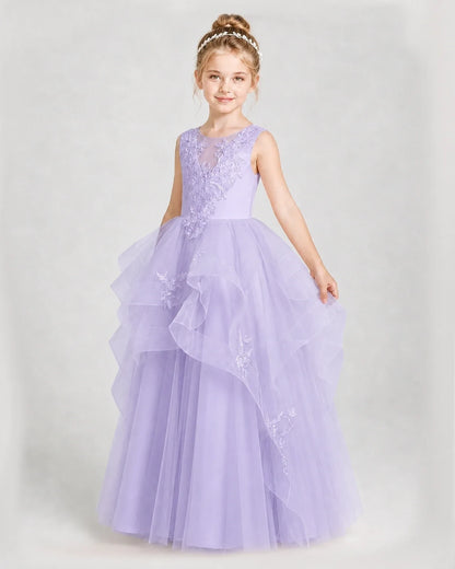 Dideyttawl Embroidered Tiered Tulle Girl Pageant Dress with Bow