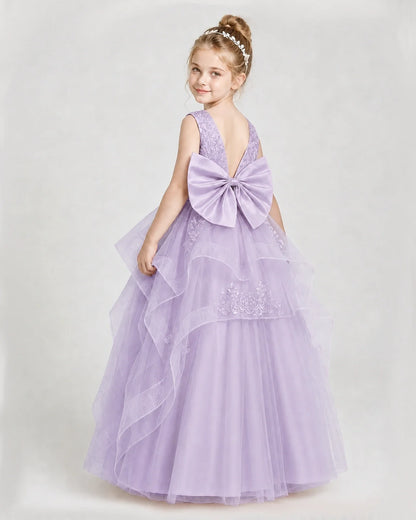 Dideyttawl Embroidered Tiered Tulle Girl Pageant Dress with Bow