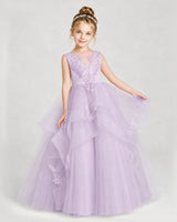Lilac satin and tulle tiered ball gown girls pageant dress, front view