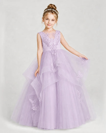 Dideyttawl Embroidered Tiered Tulle Girl Pageant Dress with Bow