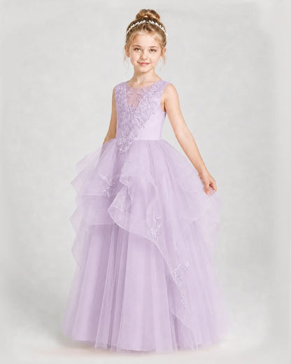 Dideyttawl Embroidered Tiered Tulle Girl Pageant Dress with Bow