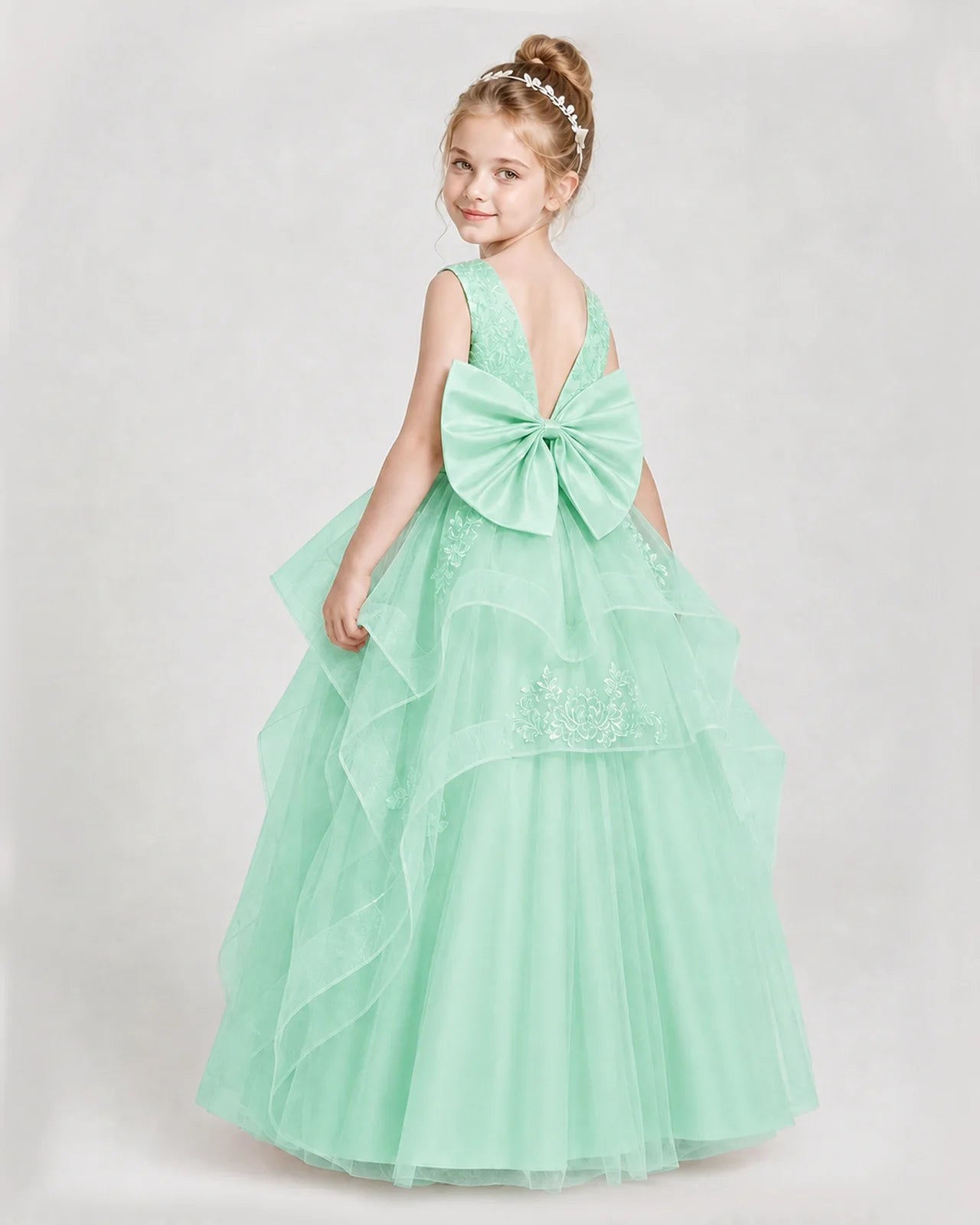 Dideyttawl Embroidered Tiered Tulle Girl Pageant Dress with Bow