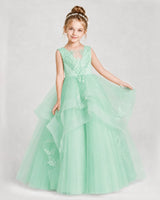 Mint green satin and tulle A-line girls pageant dress, Front View