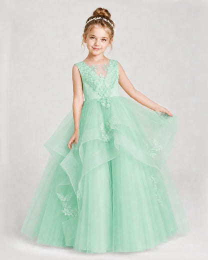 Dideyttawl Embroidered Tiered Tulle Girl Pageant Dress with Bow