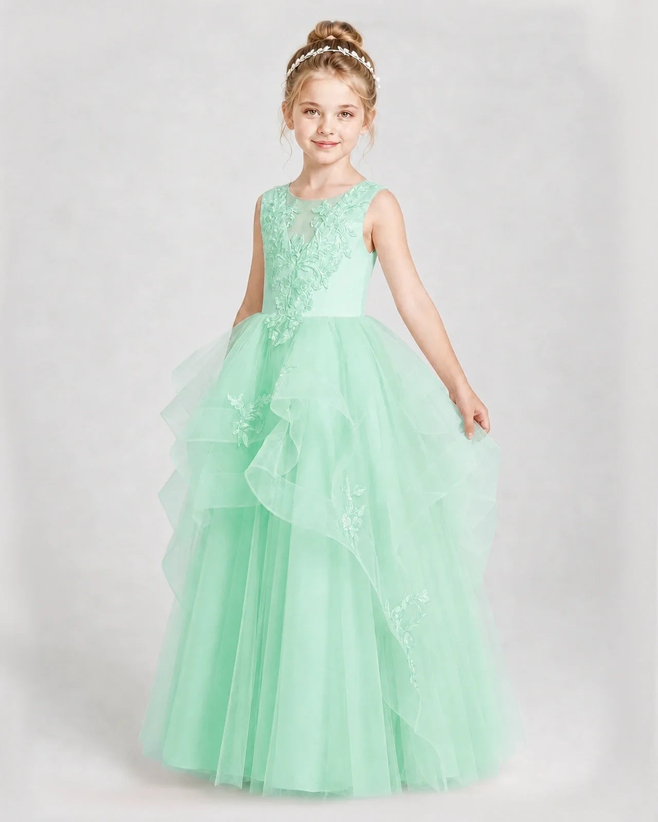 Dideyttawl Embroidered Tiered Tulle Girl Pageant Dress with Bow