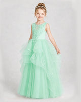 Mint Green Satin and Tulle Ruffled A-Line Girls Pageant Dresses Side View