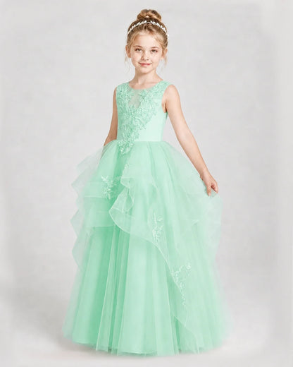Dideyttawl Embroidered Tiered Tulle Girl Pageant Dress with Bow