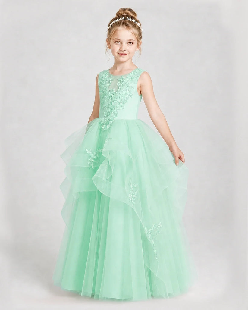 Mint Green Satin and Tulle Ruffled A-Line Girls Pageant Dresses Side View