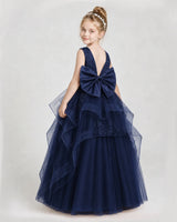 Navy Blue Satin Tulle V-Back A-Line Girls Pageant Dresses Back View