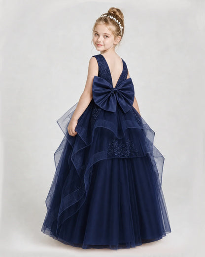 Dideyttawl Embroidered Tiered Tulle Girl Pageant Dress with Bow