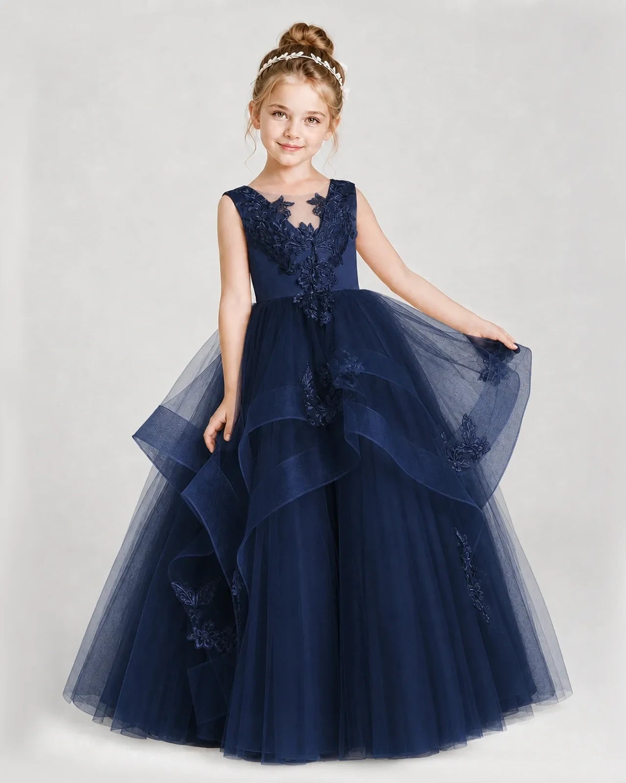 Dideyttawl Embroidered Tiered Tulle Girl Pageant Dress with Bow