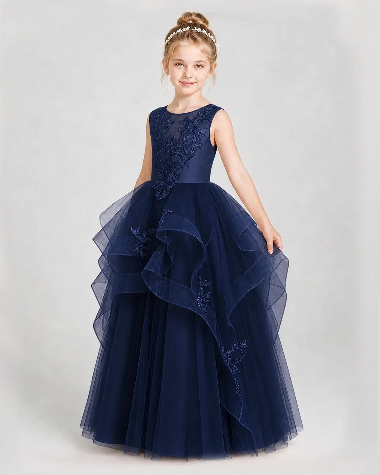 Dideyttawl Embroidered Tiered Tulle Girl Pageant Dress with Bow