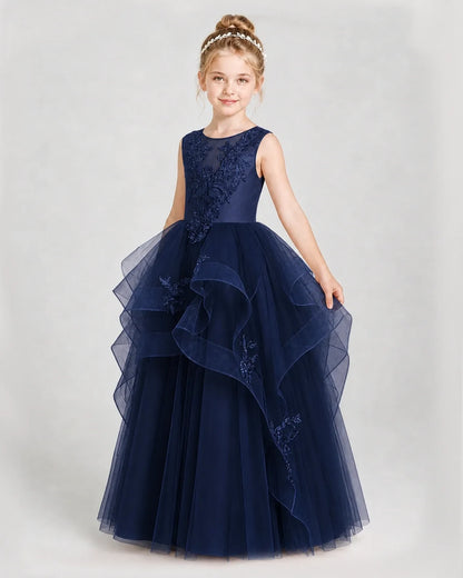Dideyttawl Embroidered Tiered Tulle Girl Pageant Dress with Bow