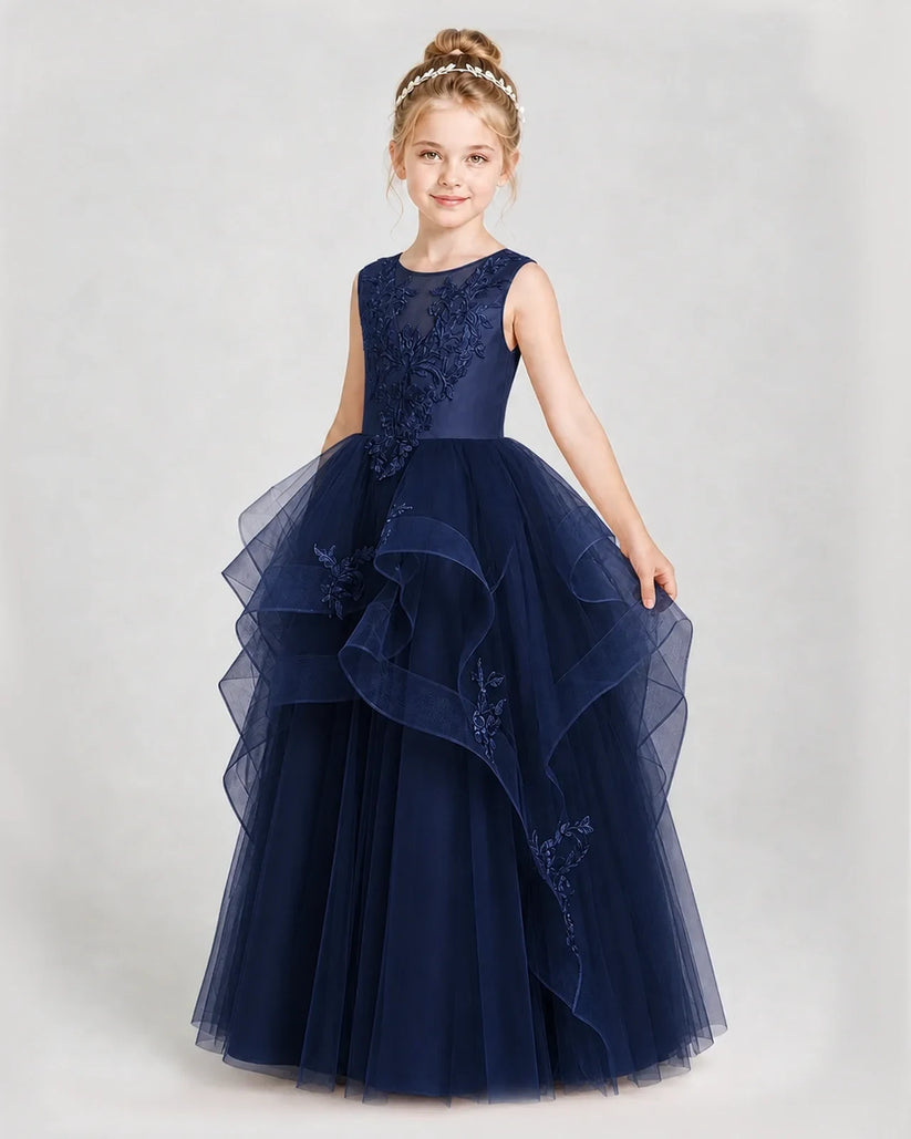 Navy Blue Satin and Tulle Tiered Girls Pageant Dresses Side View