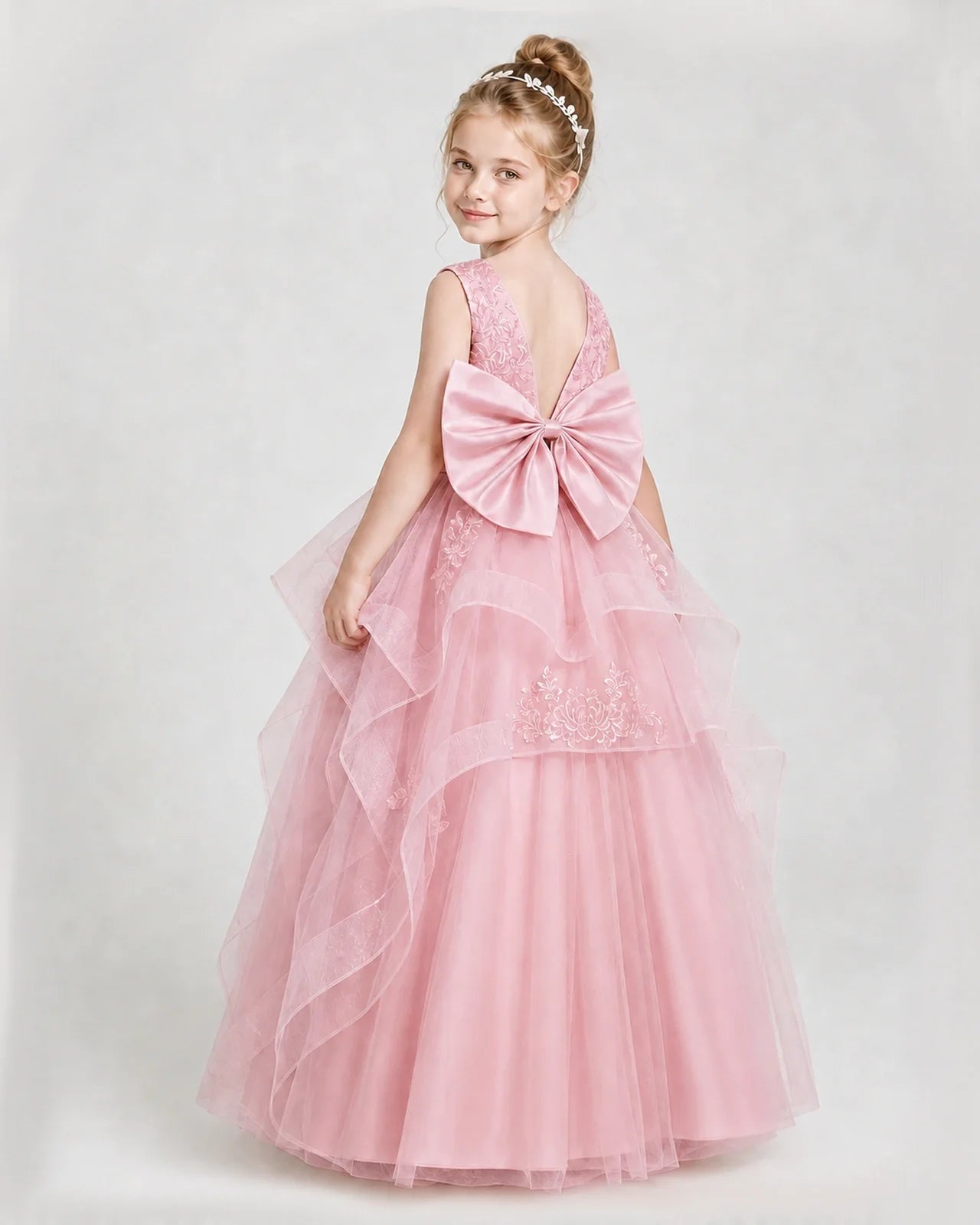 Dideyttawl Embroidered Tiered Tulle Girl Pageant Dress with Bow