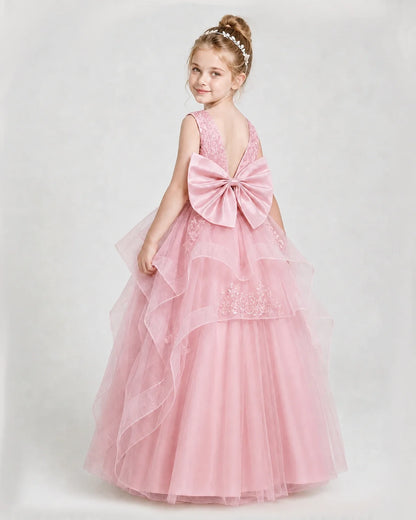 Dideyttawl Embroidered Tiered Tulle Girl Pageant Dress with Bow