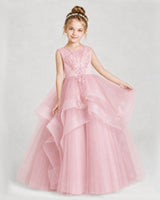 Pink Satin and Tulle Tiered Girls Pageant Dresses Front View
