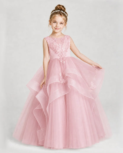 Dideyttawl Embroidered Tiered Tulle Girl Pageant Dress with Bow