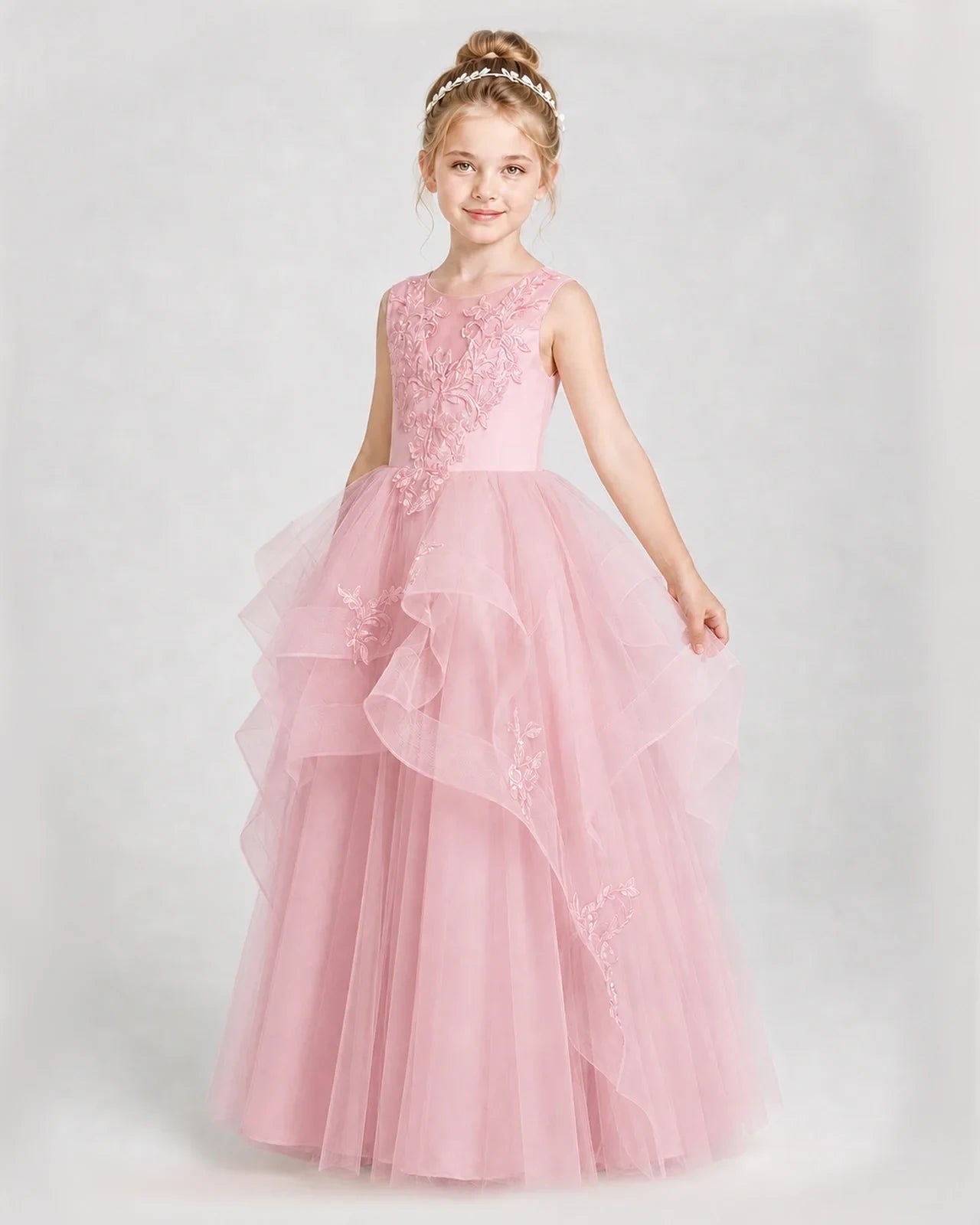 Dideyttawl Embroidered Tiered Tulle Girl Pageant Dress with Bow