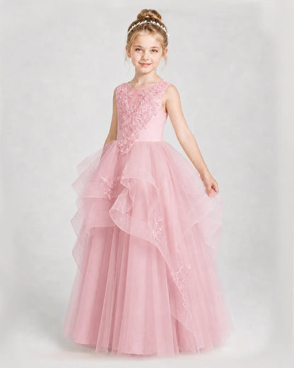 Dideyttawl Embroidered Tiered Tulle Girl Pageant Dress with Bow