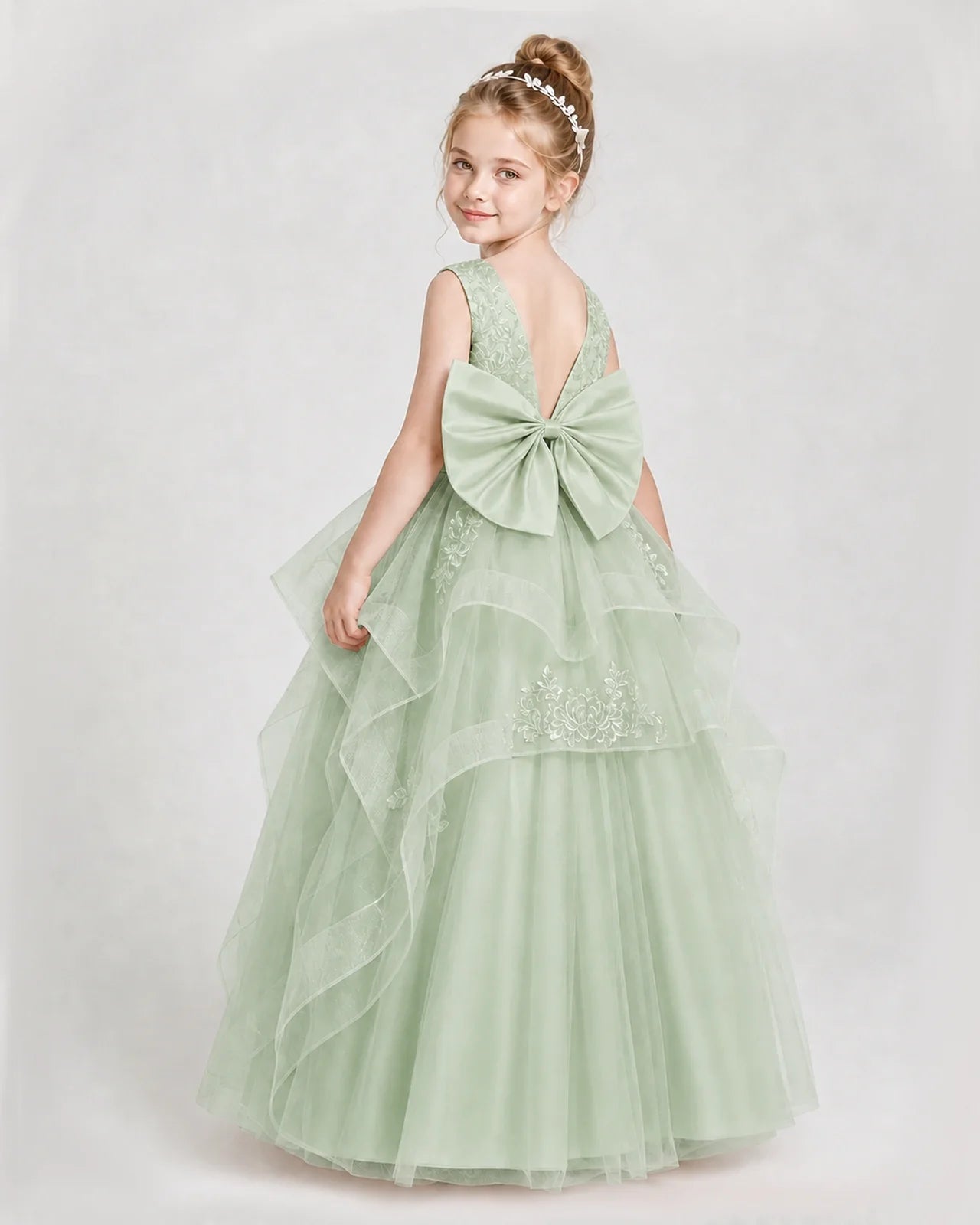 Dideyttawl Embroidered Tiered Tulle Girl Pageant Dress with Bow