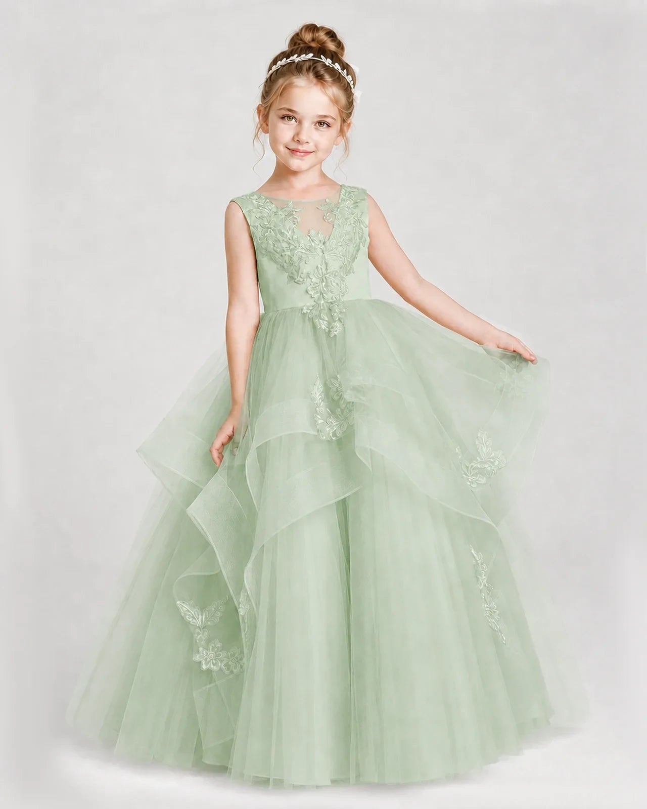 Dideyttawl Embroidered Tiered Tulle Girl Pageant Dress with Bow