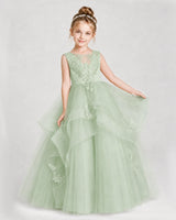 Sage Green Satin And Tulle A-Line Girls Pageant Dresses Front View